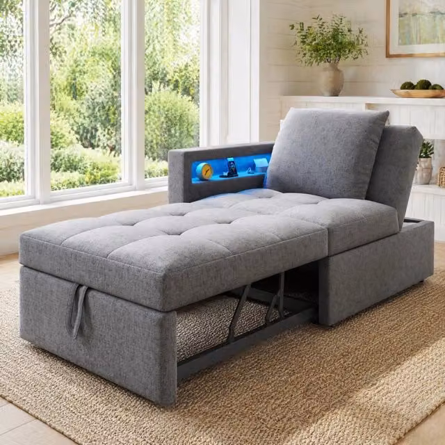 Divano letto 3 in 1 con schienale reclinabile; 177x68x65 cm; in lino grigio chiaro
