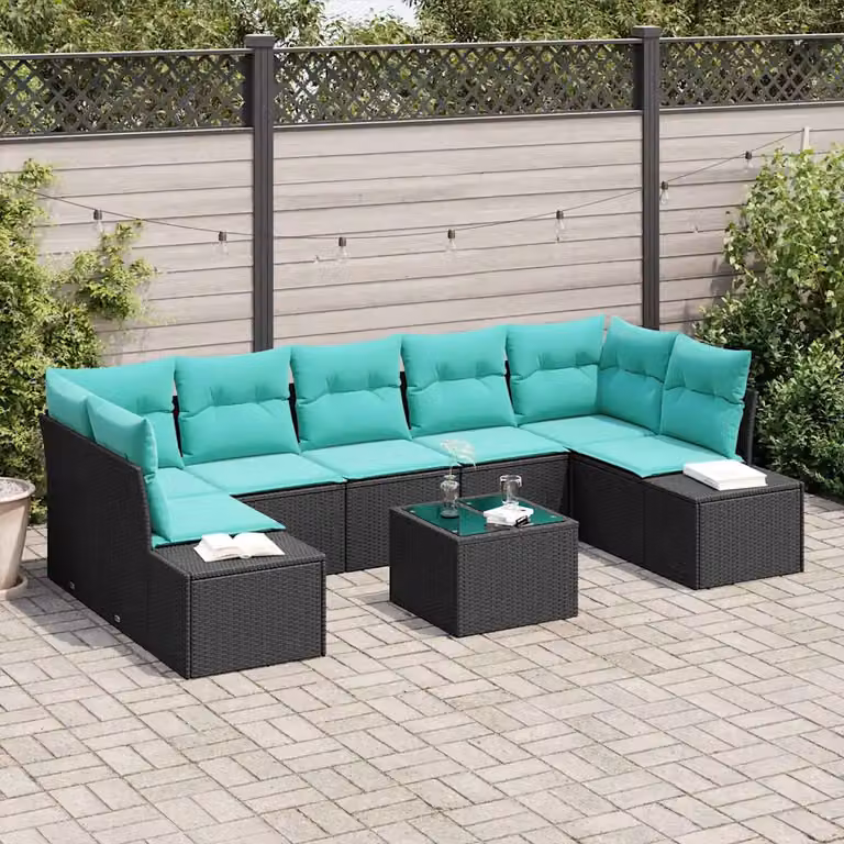 Set Divano da Giardino vidaXL 8 pz a Forma a L con Tavolino in Vetro, Colore Nero e Turchese, Struttura in Metallo e Polyrattan con Cuscini Inclusi