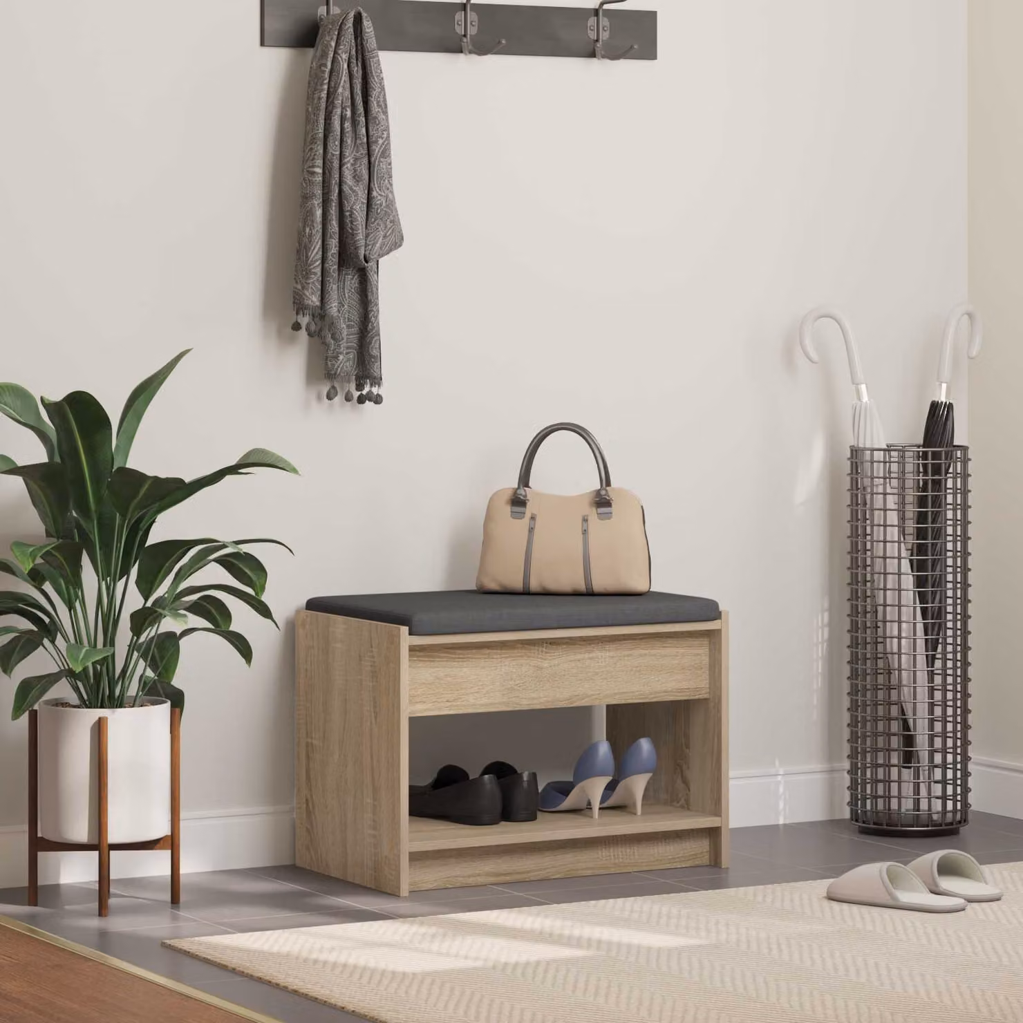 vidaXL Panca per ingresso con portascarpe moderno in rovere marrone L: 63 cm, P: 38 cm, H: 45 cm