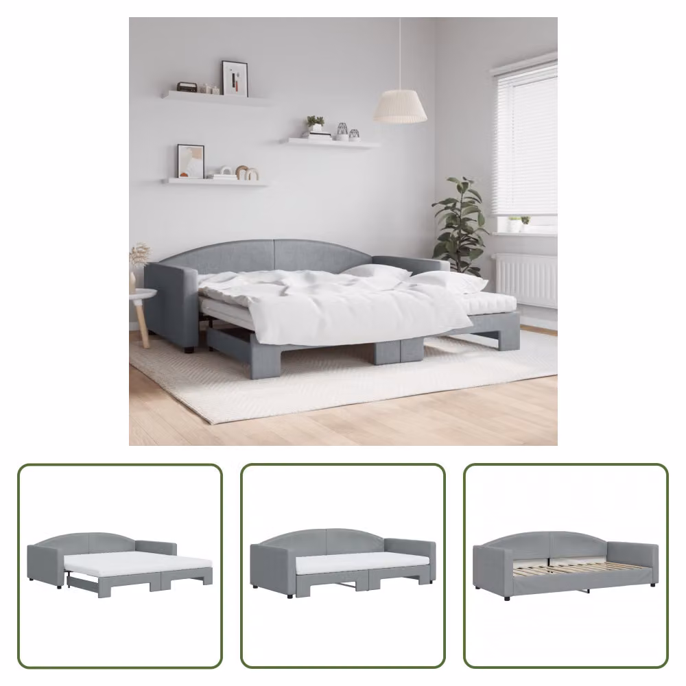 The Living Store Letto da giorno allungabile con materasso grigio chiaro 100x200 cm in tessuto