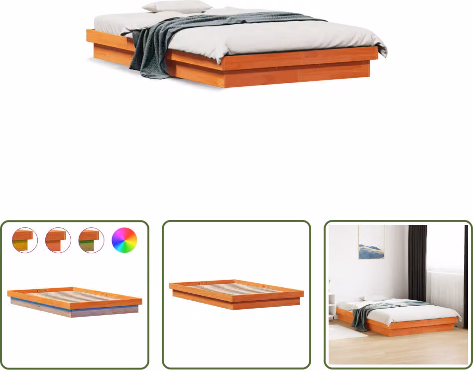 The Living Store Letto in legno massiccio con illuminazione LED marrone cera 120x200 cm pino