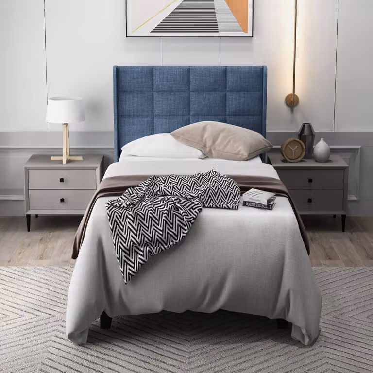okwish Letto moderno imbottito con testiera imbottita letto singolo con rete a doghe, 90x200cm lino blu (senza materasso)