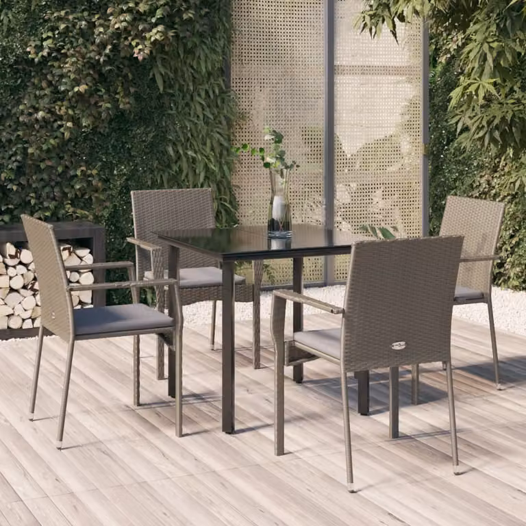 Set da Pranzo da Giardino vidaXL in Polyrattan con Tavolo in Vetro e 5 Sedute, Nero e Grigio