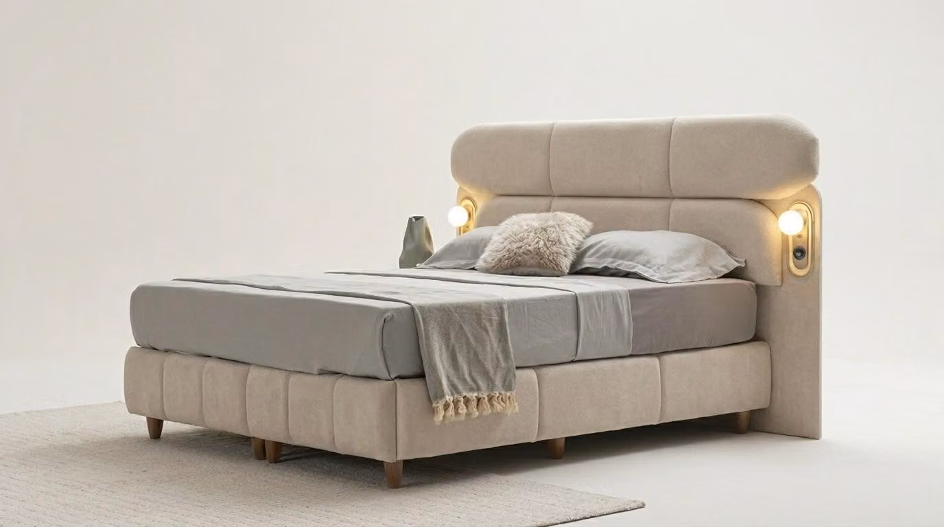 Letto con testiera, confortevole, elegante, beige, spazioso, imbottito, con illuminazione a LED e porta USB