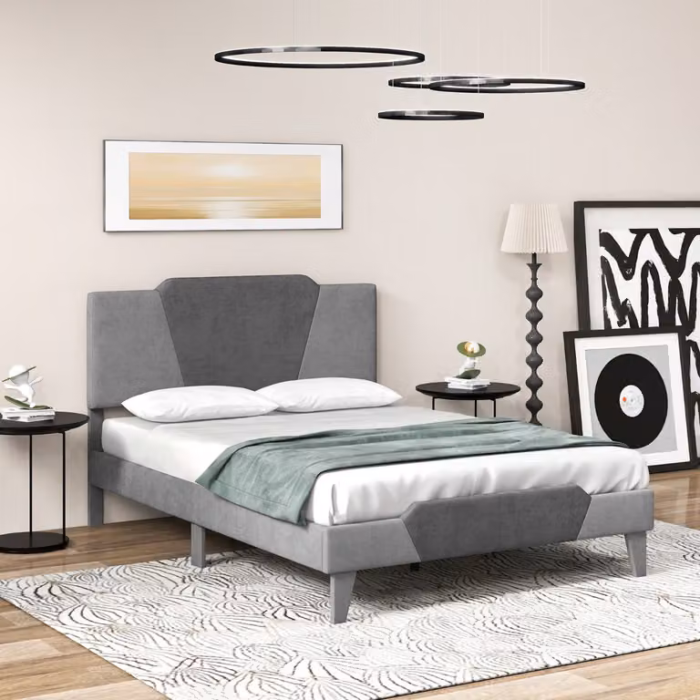 Letto matrimoniale Costway con struttura imbottita, testiera e doghe in legno massello, Grigio, L/P: 140 x 200 cm