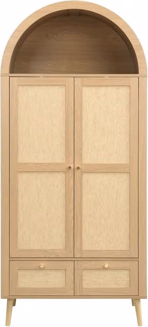 Armadio moderno con 2 ante, 2 cassetti, barra appendiabiti e nicchia aperta per camera da letto, rovere e rattan, L: 80 cm, P: 55 cm, H: 180 cm