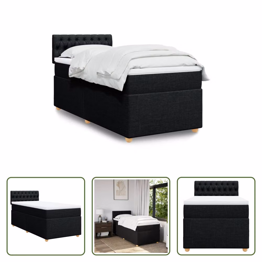 The Living Store Letto a molle con materasso nero 90x190 cm in tessuto