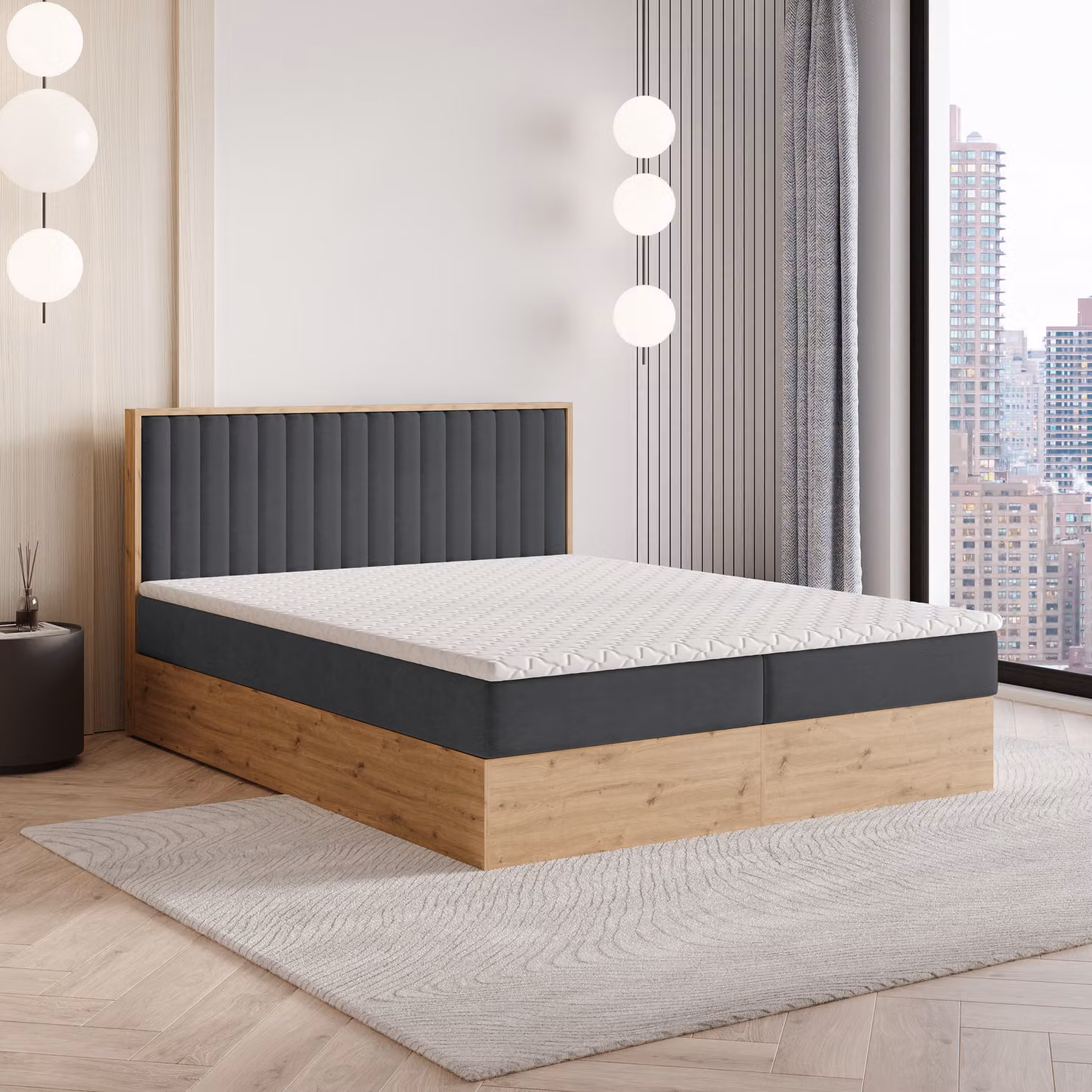 Letto a molle Masseno VARELI 160x200 cm completo di materasso e topper Bonell, letto imbottito con cassettiera - grigio, SORO 97