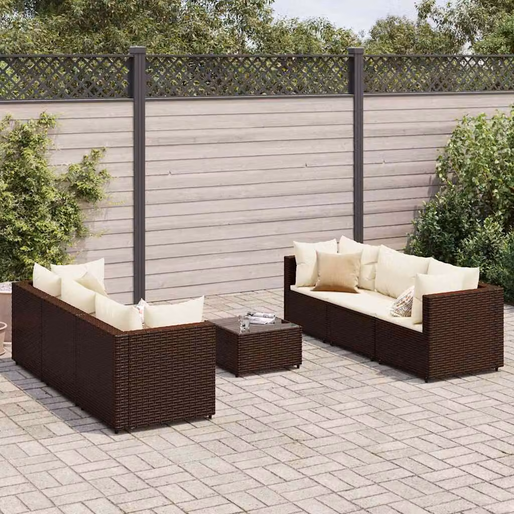vidaXL Set Divani da Giardino 7 pz a Forma L con Cuscini Marrone e Bianco in Polyrattan e Acciaio – 1