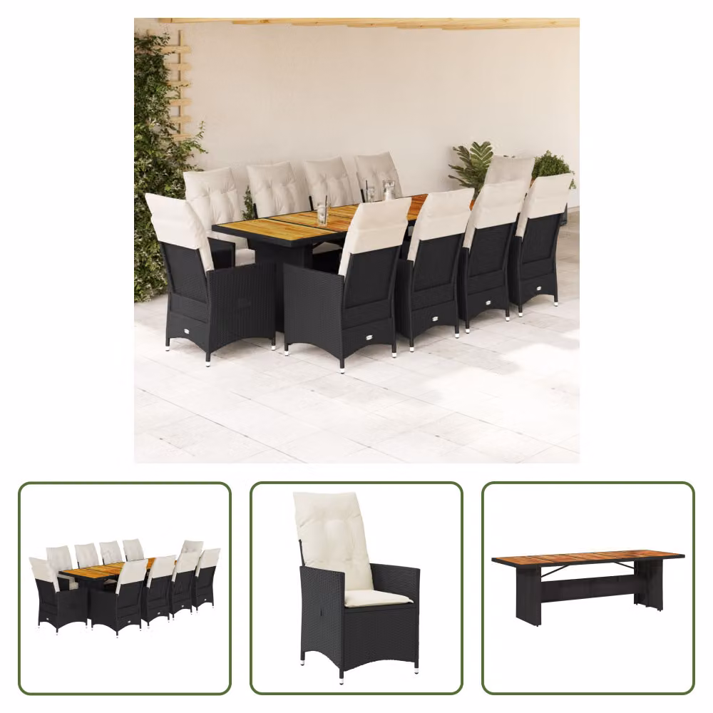 The Living Store Set bistrot da giardino da 11 pezzi con cuscini in poly rattan nero