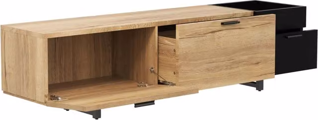 Mobile TV in legno ingegnerizzato naturale e nero, 180x38x49 cm, con ripiani aperti e cassetti ampi