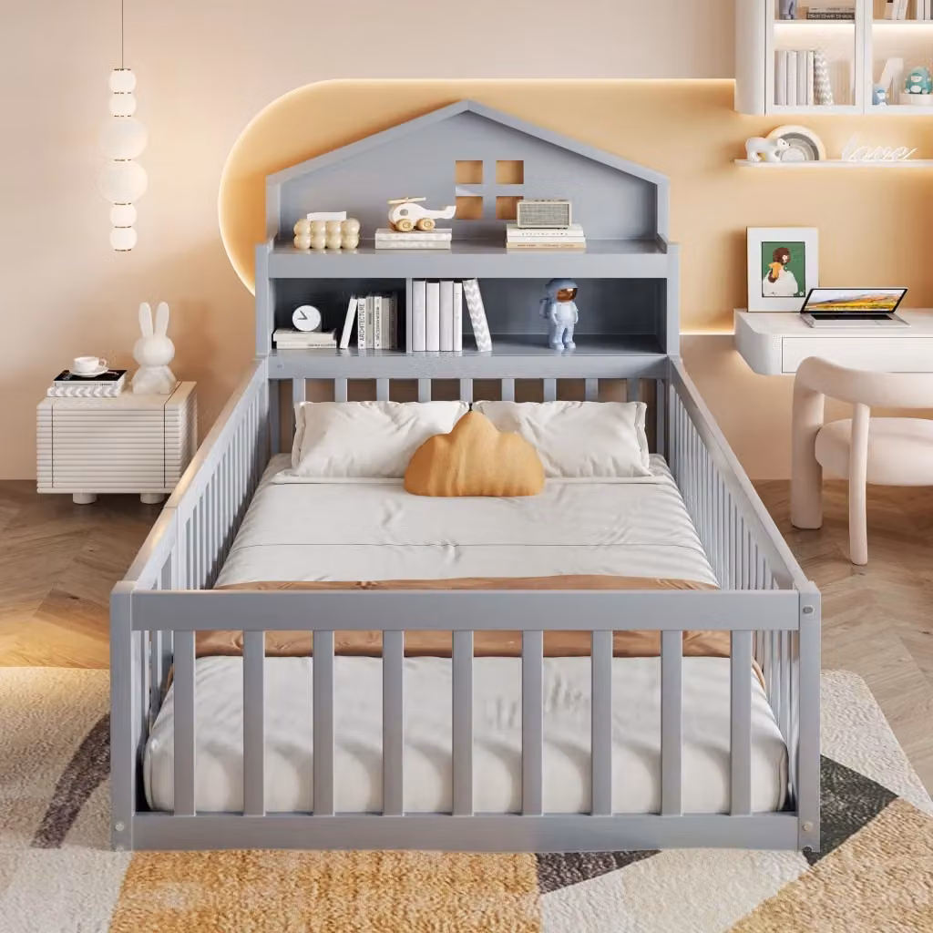 Letto a casetta per bambini Chicfurn in legno e MDF grigio con ripiani laterali e barriera, L/P/H: 200 x 90 x 111,8 cm – 2