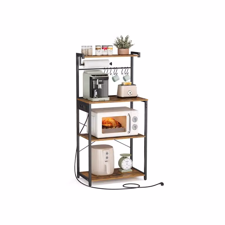Scaffale da Cucina con Presa Elettrica, Marrone Vintage + Nero Inchiostro