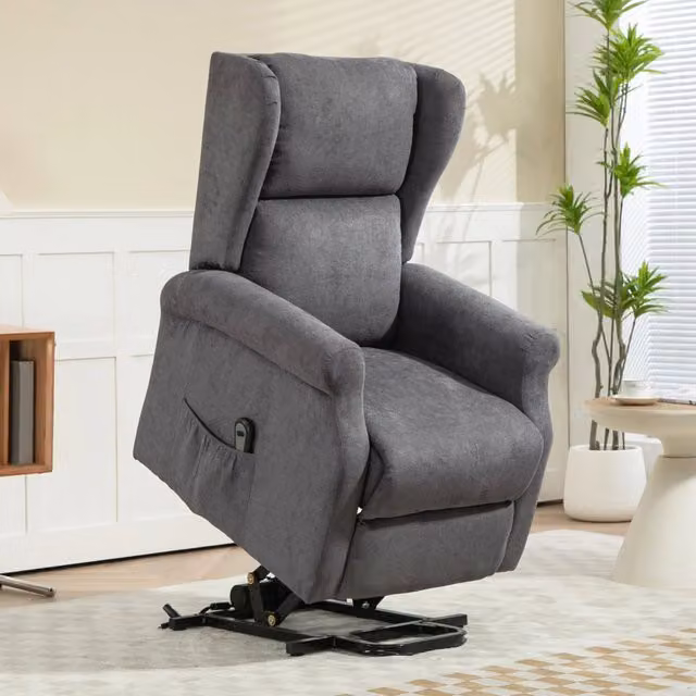 Poltrona relax elettrica con funzione alzapersona e schienale reclinabile con telecomando in tessuto grigio scuro