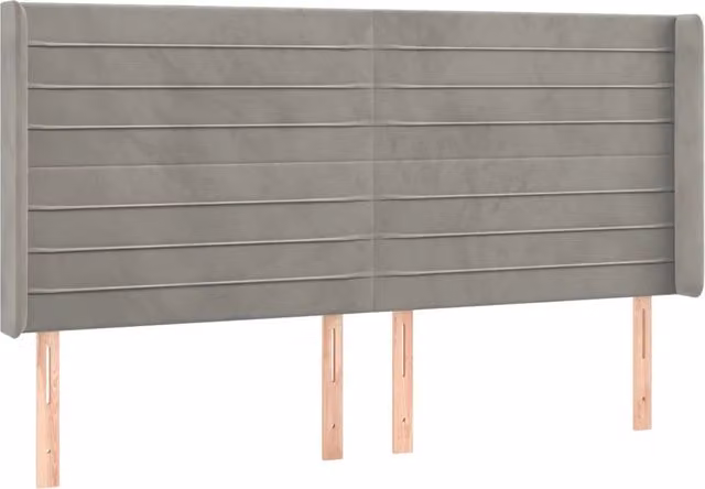 Testiera ad orecchio in velluto grigio chiaro con struttura in legno di larice L: 203 cm, P: 16 cm, H: 118/128 cm