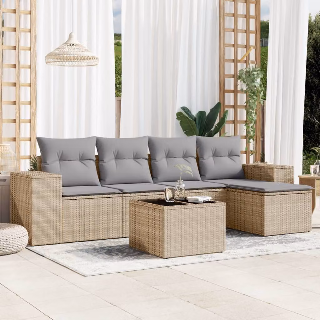 vidaXL Set Divano da Giardino a L 6 pz con Cuscini Beige e Tavolino in Vetro – 1