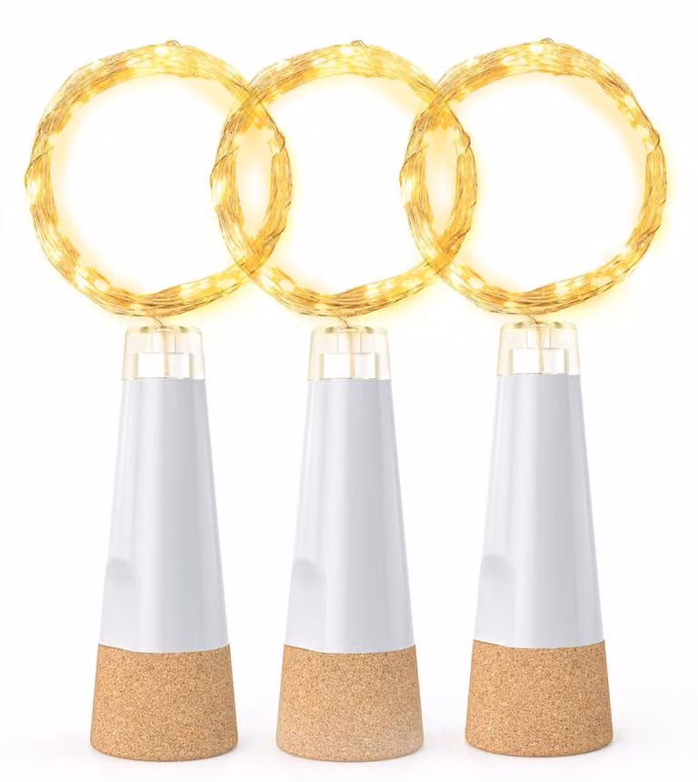 Luci decorative a forma di tappo di sughero, ricaricabili tramite USB, con 20 LED, lunghezza 2 metri, luce bianco caldo, set da 3 pezzi