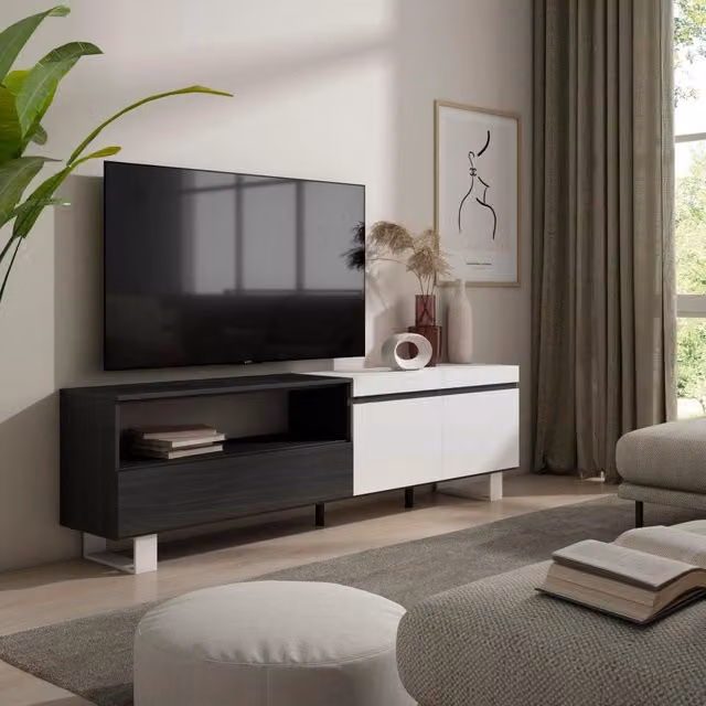 Mobile TV SKRAUT HOME per soggiorno in stile industriale, Bianco e nero, L/P/H: 200 x 35 x 57 cm
