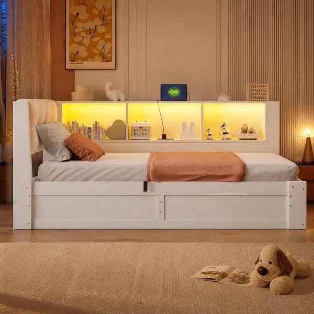 Letto divano 90 × 200 cm con contenitore idraulico, ripiano laterale, USB e LED regolabile, senza materasso, bianco