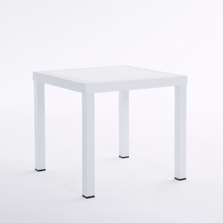 Tavolo da giardino quadrato 82×82 cm in alluminio con piano in polipropilene effetto rattan e foro per ombrellone - design moderno e robusto, ideale per giardini, terrazze, bar e ristoranti - RAUL - Bianco