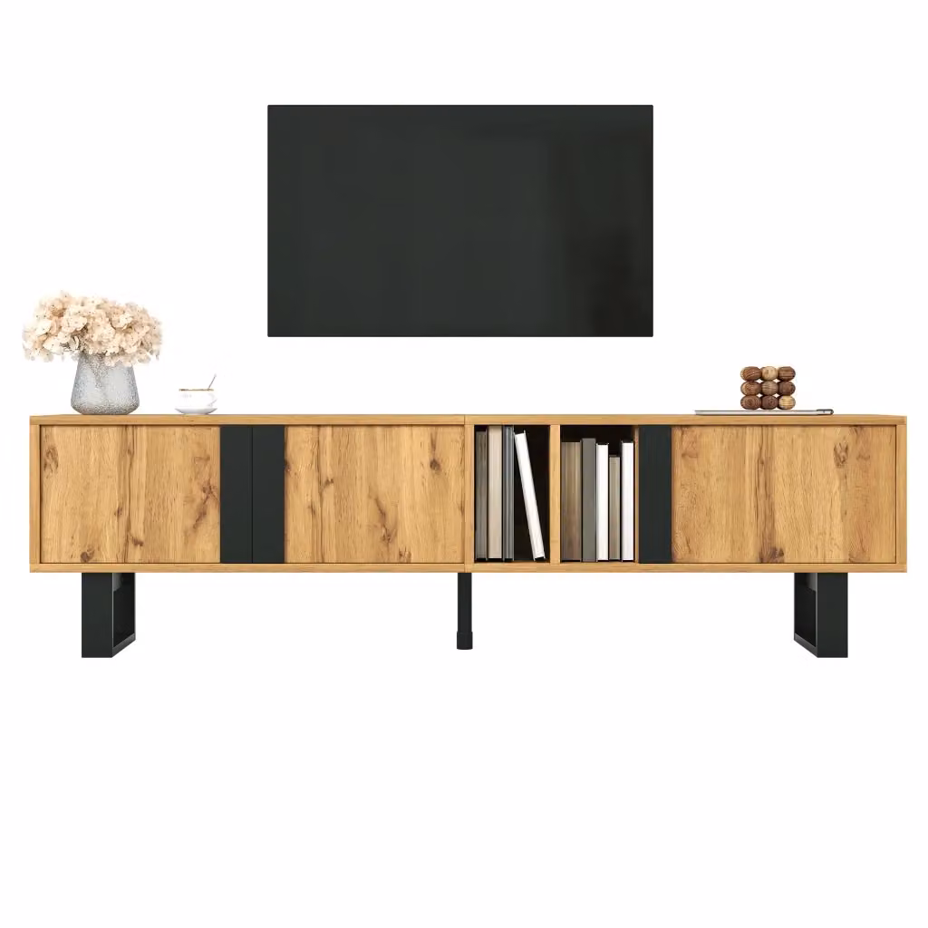 Mobile TV Chicfurn in legno naturale e MDF per soggiorno con 3 ante, 2 vani aperti e passacavi, colore beige/marrone, L: 160 cm, P: 40 cm, H: 50 cm – 2
