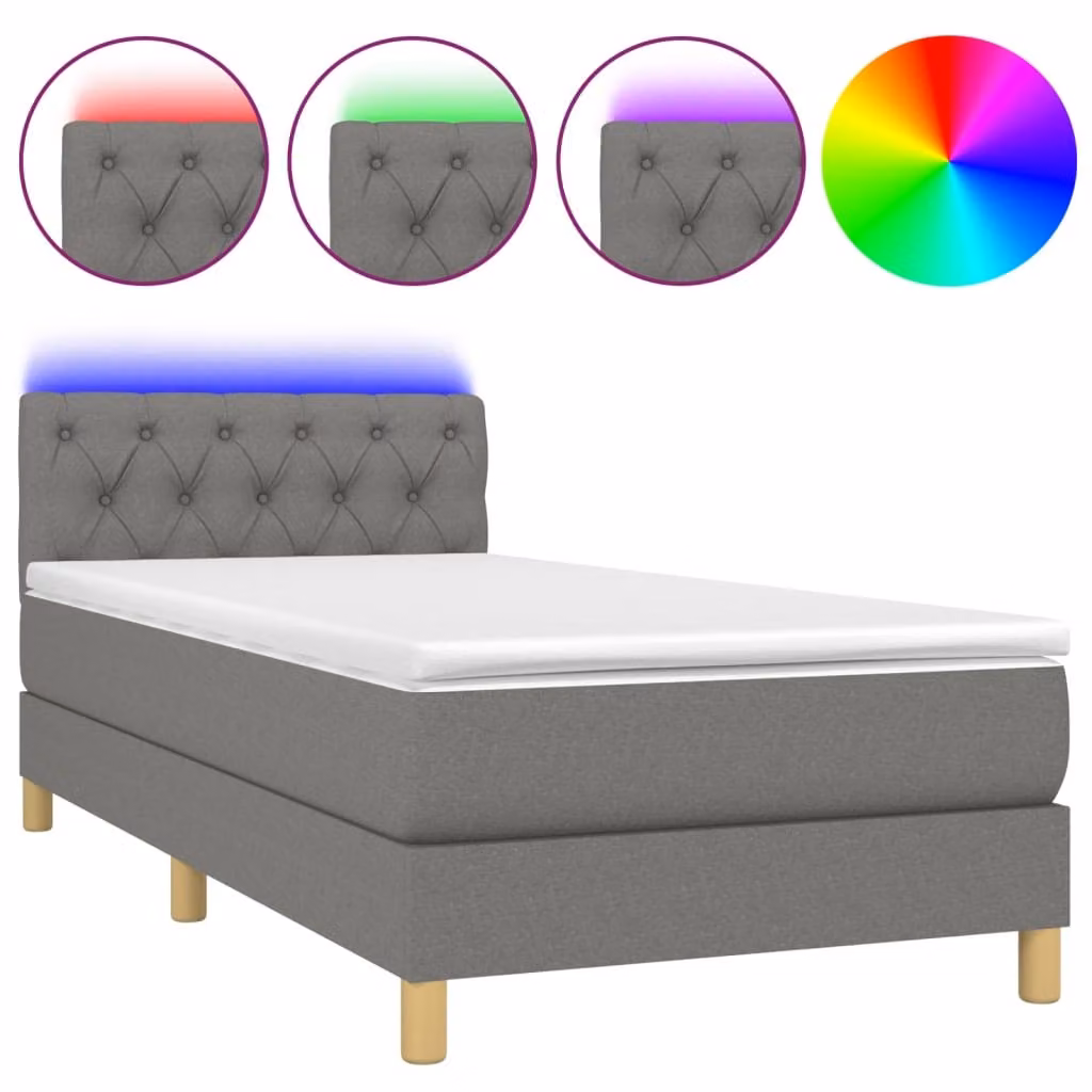 Letto a Molle Materasso e LED Grigio Scuro 80x200 cm in Tessuto