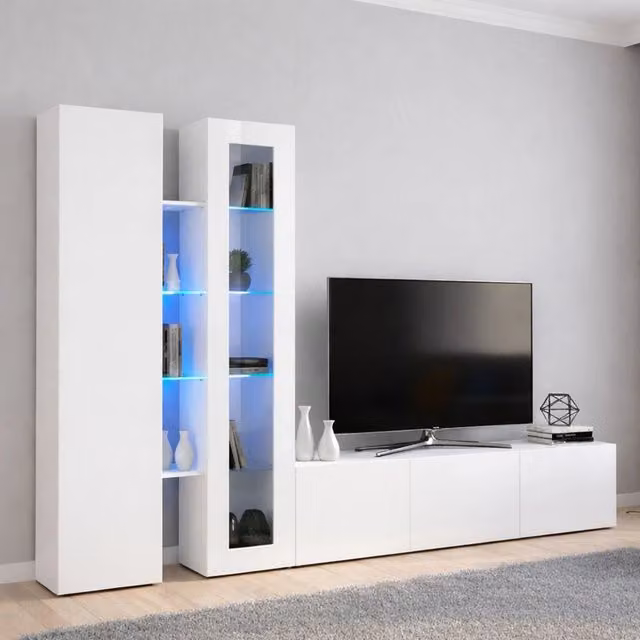 Parete Attrezzata DMORA per Soggiorno Moderna con Illuminazione Integrata e Vetrine, L: 280 cm, P: 30 cm, H: 180 cm, Bianco Lucido – 1