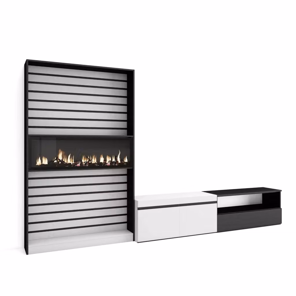Mobile TV per soggiorno Skraut Home con camino elettrico, Bianco e nero, L: 310 cm, P: 35 cm, H: 186 cm – 2