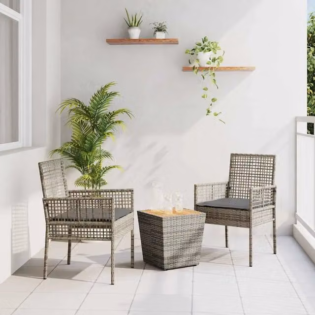 Set Bistro da Giardino vidaXL in Polyrattan e Legno di Acacia Grigio, 3 Pezzi