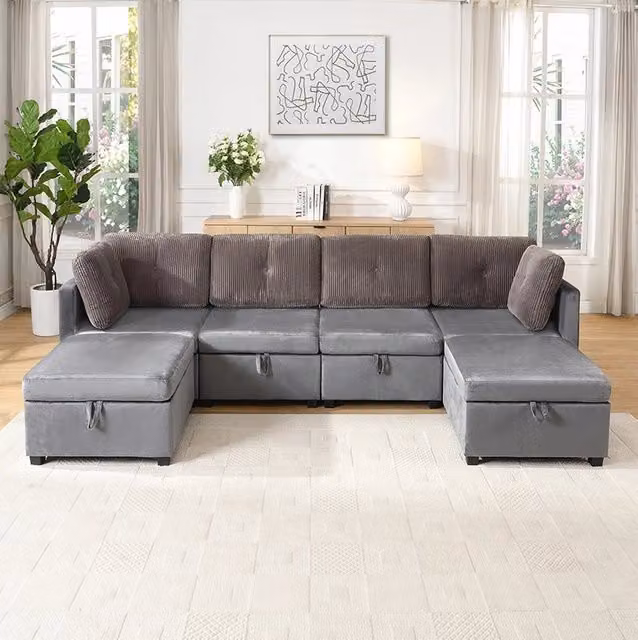 Divano modulare a U 6 posti con contenitore, velluto e corduroy grigio antico