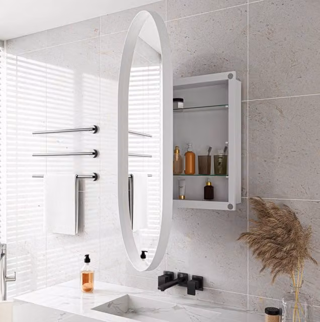 Armadio a Specchio Ovale Incasso con Cornice in Metallo e Ripiani Regolabili, Bianco per Bagno, Soggiorno e Camera da Letto