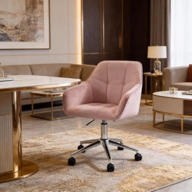 Sedia da ufficio ergonomica OKWISH girevole in velluto e metallo rosa con braccioli e ruote