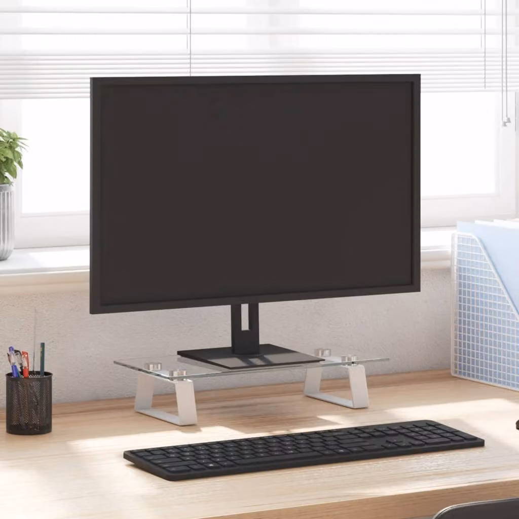 vidaXL Supporto per Monitor in Vetro Temperato e Metallo, Bianco e Trasparente, L 40 x P 20 x H 8 cm