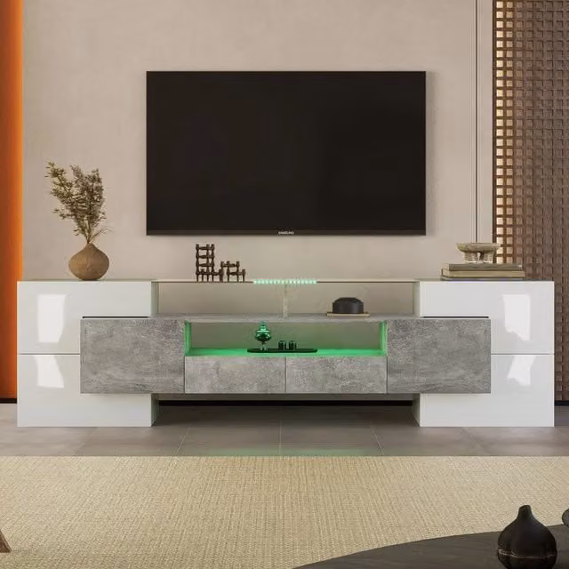 Mobile TV Lowboard Bianco Lucido con LED ¨C Xylo ¨C 200 cm, Vetro, Soggiorno