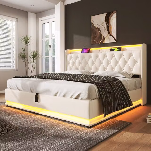 Letto matrimoniale 140x190 cm; LED e USB; PU; bianco (Senza materasso)
