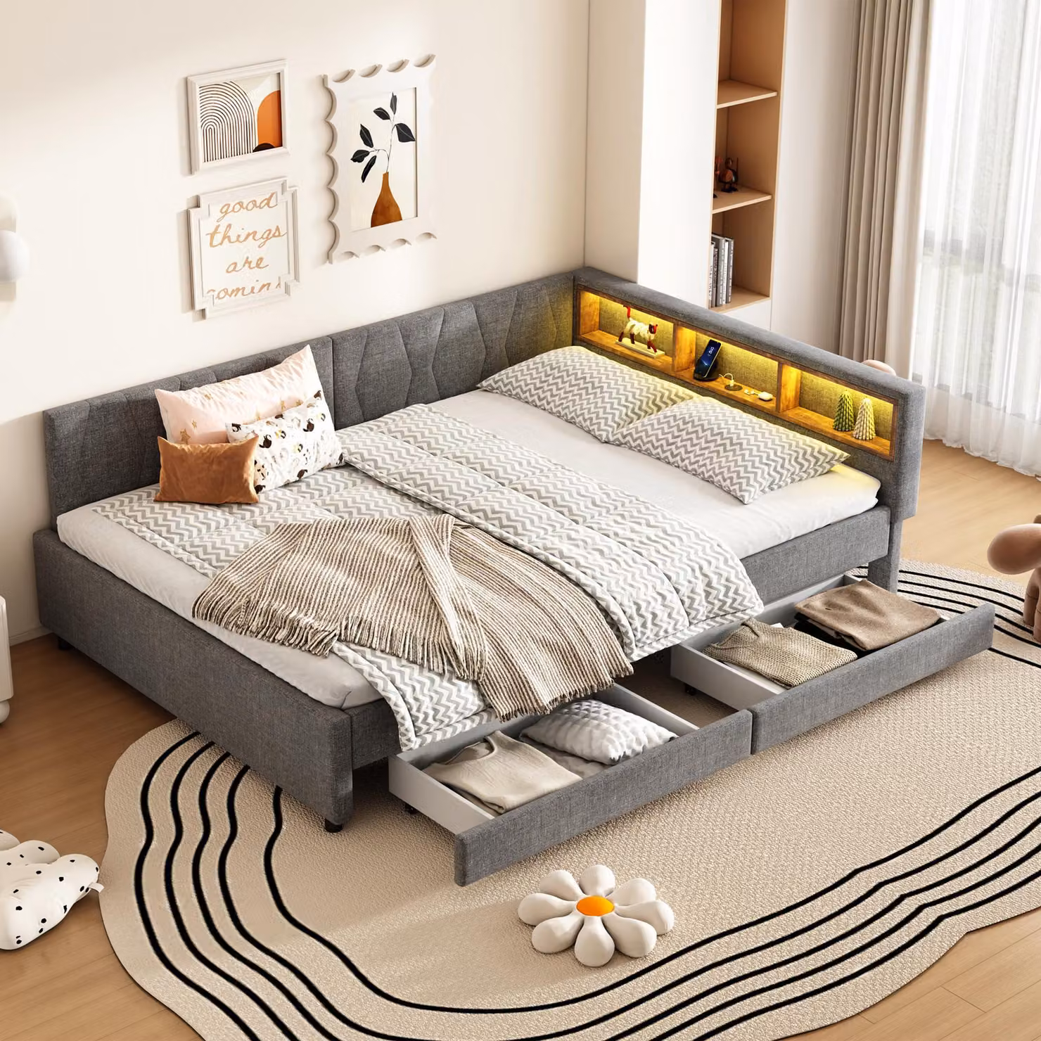 Divano letto STILVORA Letto imbottito 90×200 con USB+Tipo C, letto per bambini con cassetti, letto da giorno con luce LED comandata da app, senza materasso