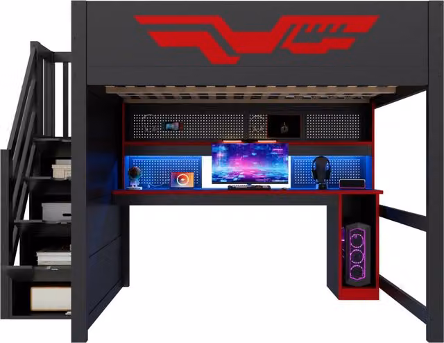 Letto a soppalco da gaming 140x200 nero e rosso con scrivania integrata e scale contenitore