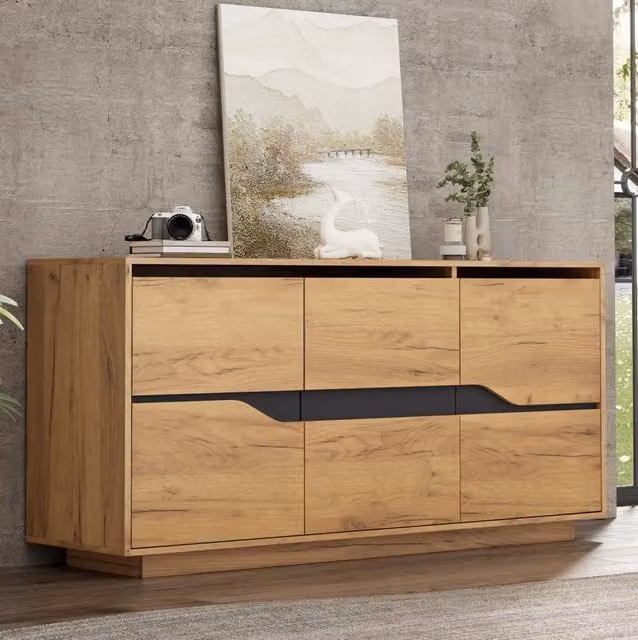 Credenza con 3 ante e divisori regolabili; 140 x 40 x 70 cm; truciolare; rovere e nero