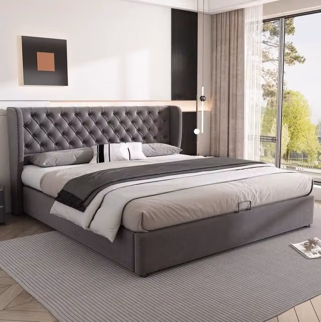 Letto matrimoniale contenitore 180x200 in velluto grigio con rete a doghe