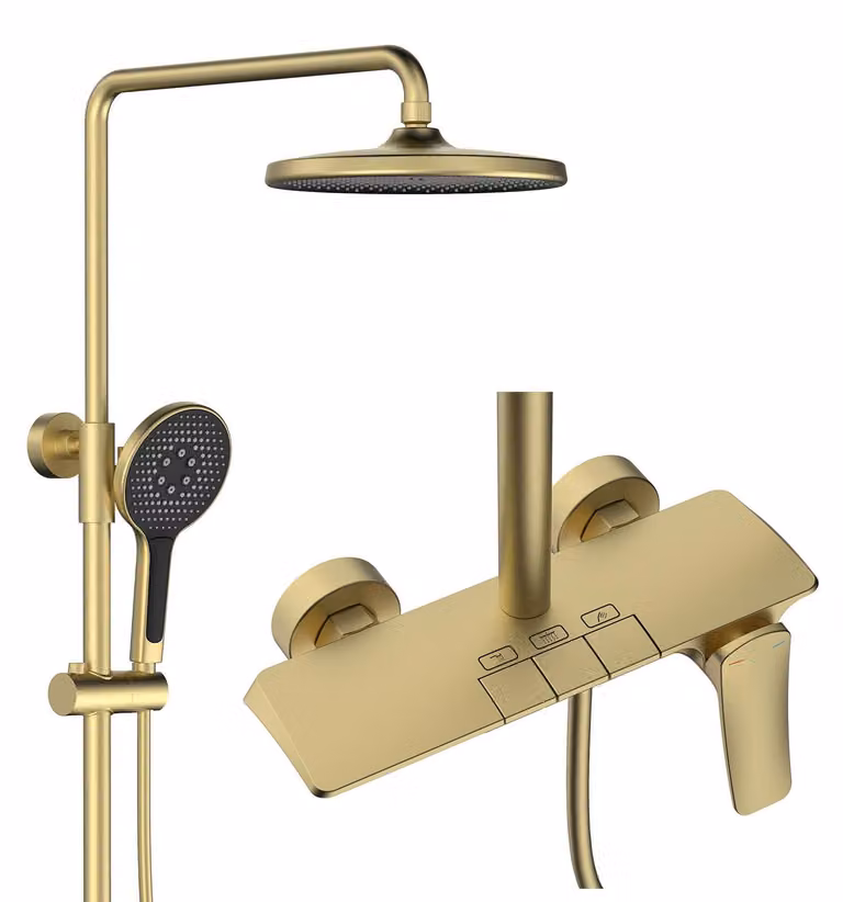 Sistema doccia da 25 cm, rotondo, con comandi a pressione, miscelatore a cascata, 3 funzioni, in ottone