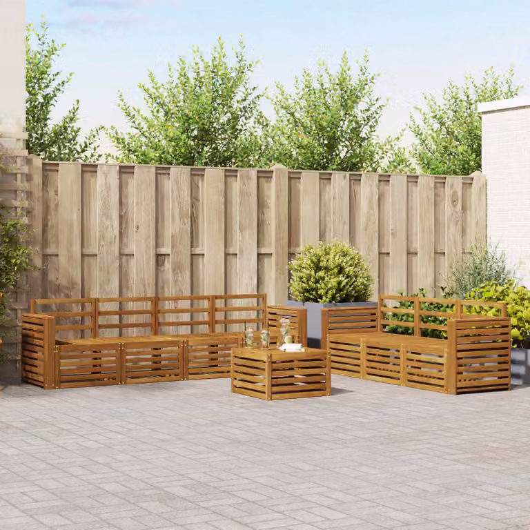 Set di divani da giardino a forma di U vidaXL in legno di acacia massello marrone con cuscini e tavolino da caffè incluso