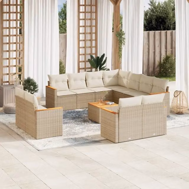 Set di Divani da Giardino vidaXL a Forma di L con Cuscini Beige e Tavolino da Esterno in Polyrattan e Acciaio