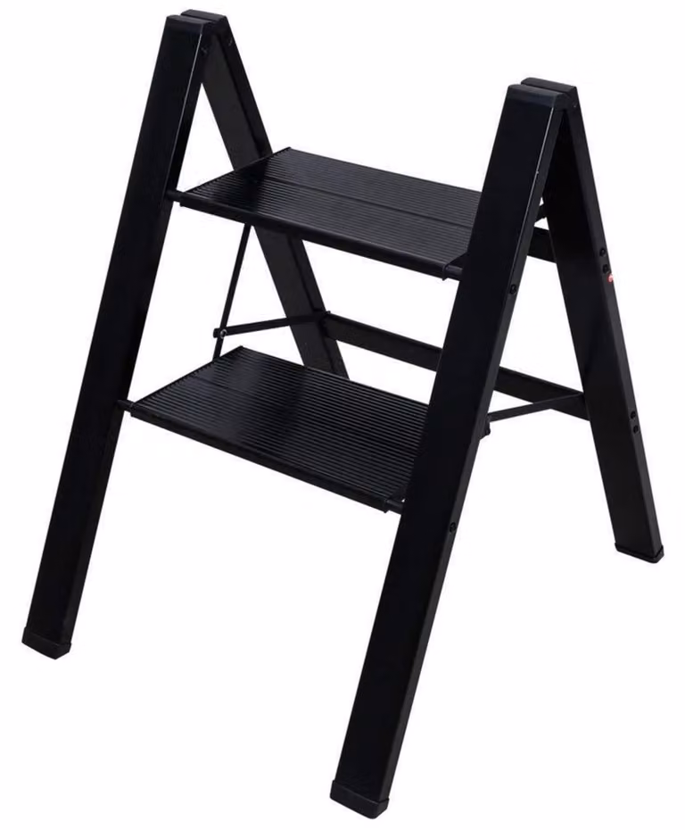 Scala pieghevole su cavalletto, 2 gradini, in alluminio, portata massima 100 kg, antiscivolo, pieghevole, dimensioni 45x54x60 cm