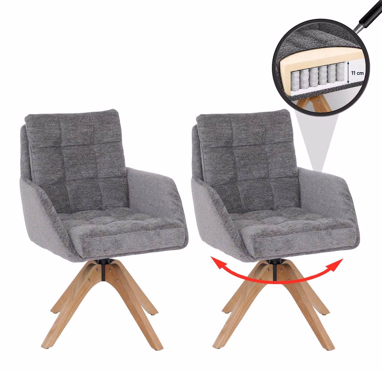 Set di 2 sedie da pranzo HWC-Q36, sedia per cucina, girevole, rivestita in tessuto chenille (680g/m²), struttura in legno MVG, colore grigio