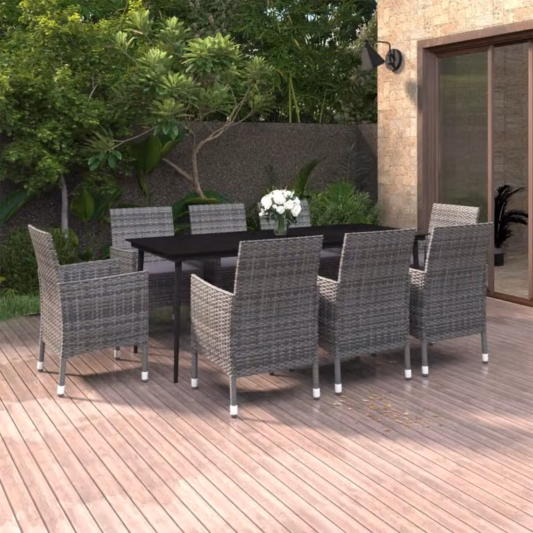 The Living Store Set da pranzo da giardino da 9 pezzi con cuscini in poly rattan e vetro
