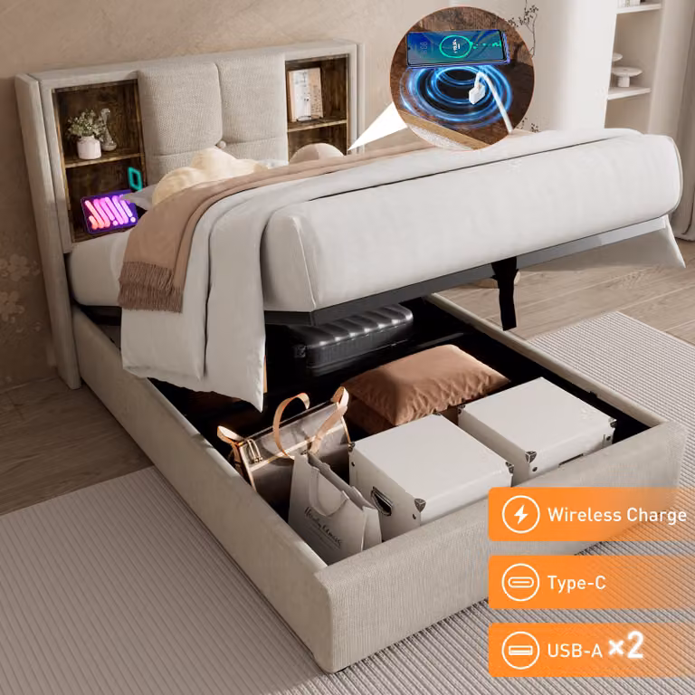 Letto singolo Sweiko con ricarica wireless USB C, rete imbottita 90x200cm, rete con contenitore a doghe in legno-lino naturale (senza materasso)