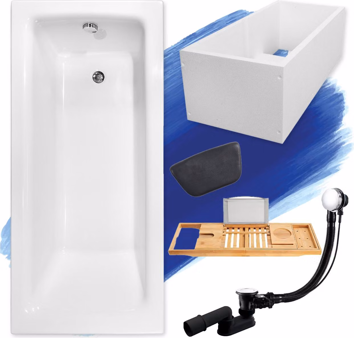 Vasca da bagno rettangolare 160x75 + supporto vasca + ripiano in bambù + poggiatesta, scarico e piedini GRATIS | set completo 6in1 vasca da bagno originale in acrilico sifone | BADLAND TALIA