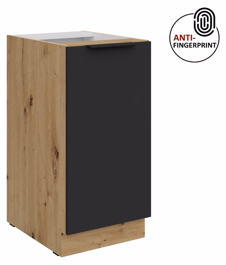 Mobile base da cucina da 40 cm, cucina ARIA nero ultra opaco + rovere Artisan opaco, frontali di alta qualità con rivestimento anti-impronta, blocco cucina
