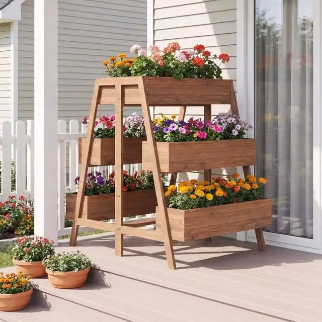 Fioriera Rialzata in Legno di Pino a Più Livelli con 6 Cassette per Giardino e Balcone Naturale 126 x 90 x 115 cm