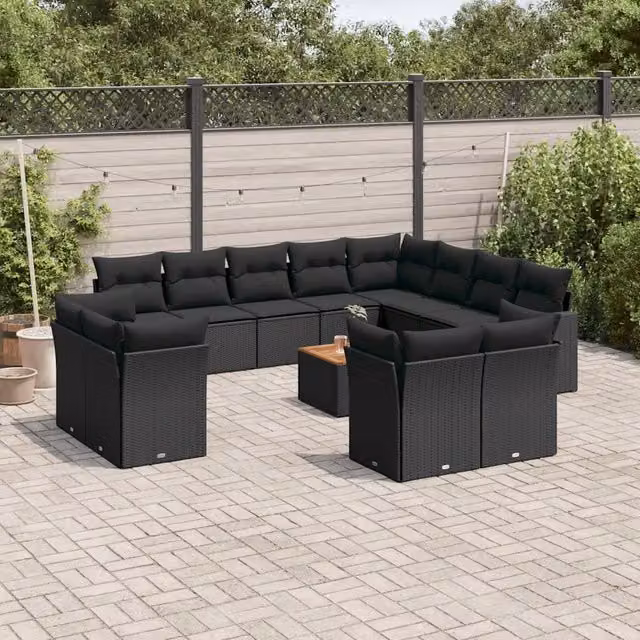 Set di Divani da Giardino a Forma di U vidaXL in Polyrattan Nero con Cuscini e Tavolino da Esterno – 1